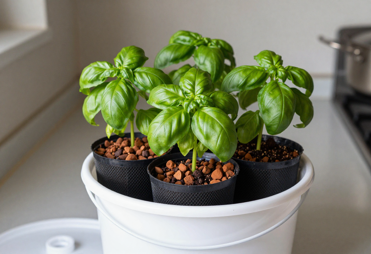 A small countertop deep water culture bucket system with healthy basil plants growing