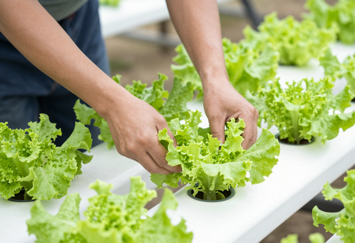 A gardener harvesting fresh lettuce leaves from a hydroponic system
