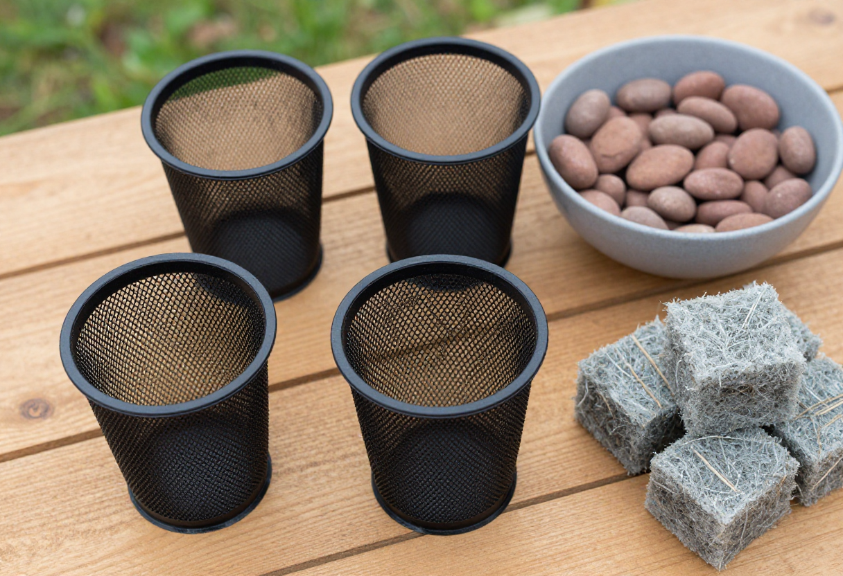 Beginner hydroponic supplies laid out on a table including net pots, clay pebbles, rockwool cubes and plain bottles