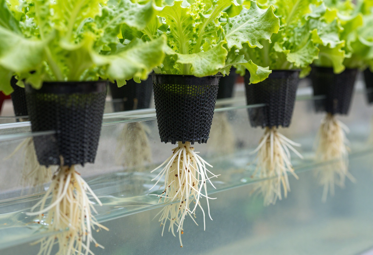Healthy white roots of hydroponic lettuce plants hanging through net pots into a water reservoir