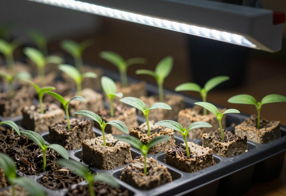Young seedlings sprouting in rockwool cubes in a tray under an LED grow light