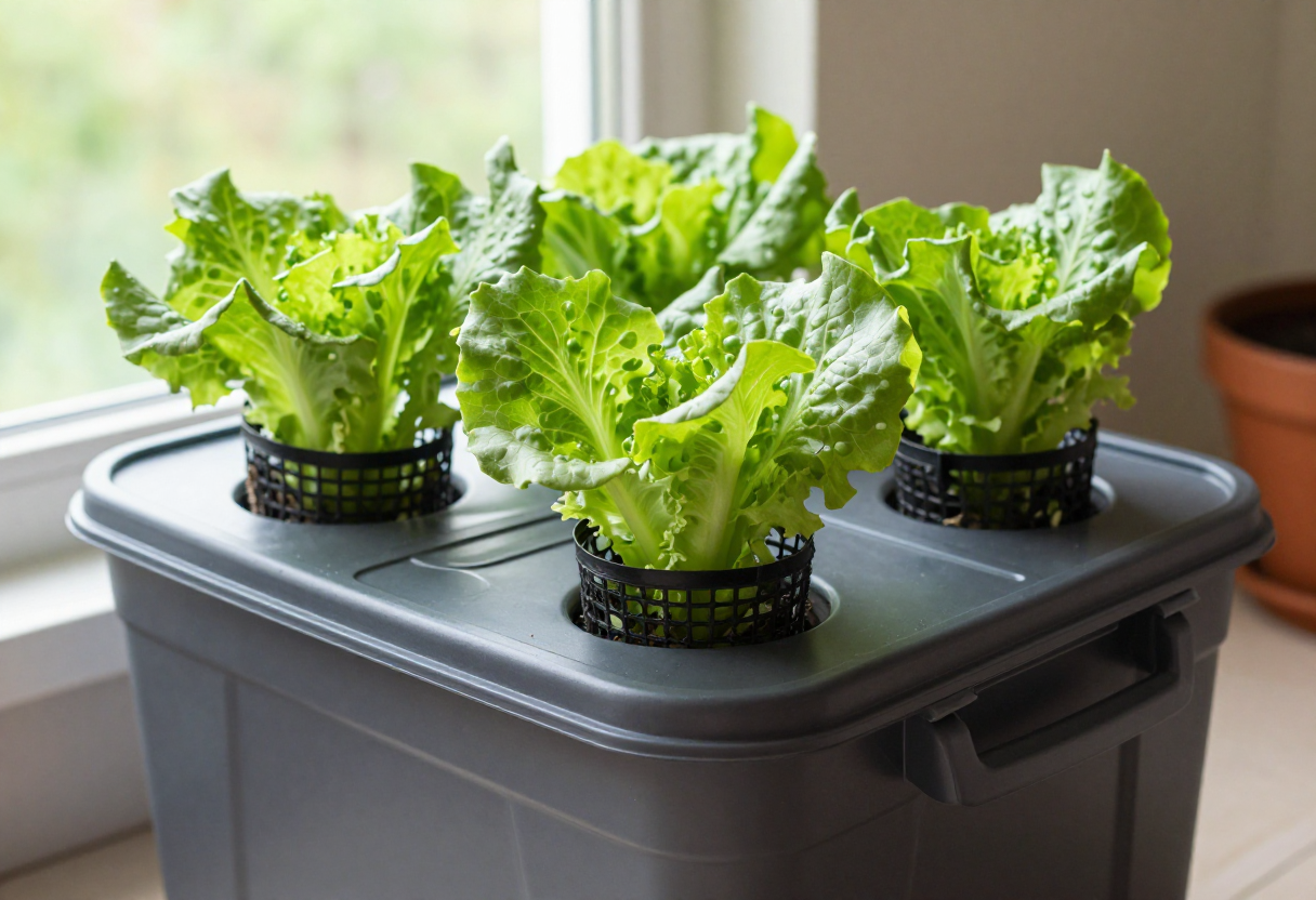 A large lidded bucket with several lettuce plants growing in net cups