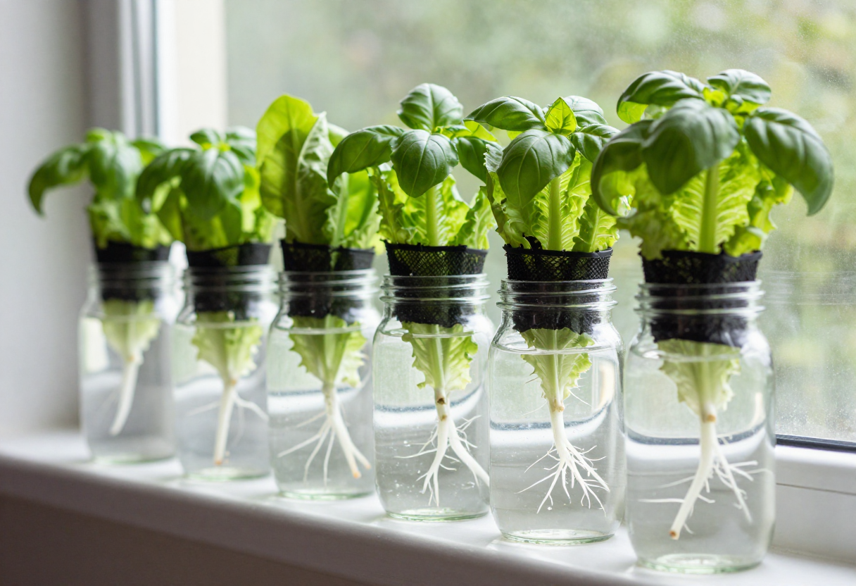 Several jars on a bright windowsill with lettuce and basil growing in a Kratky setup