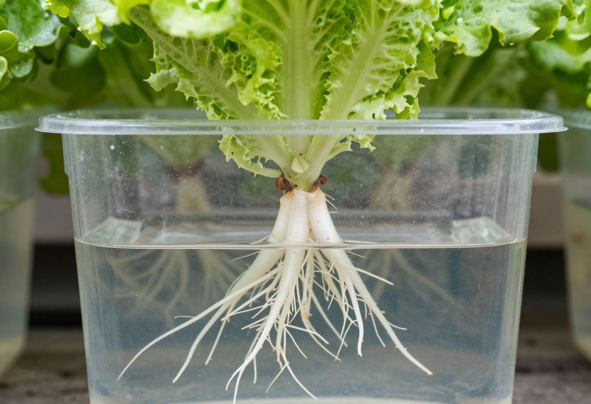 A clear container showing a plant with roots partly in the air gap and partly in the nutrient solution