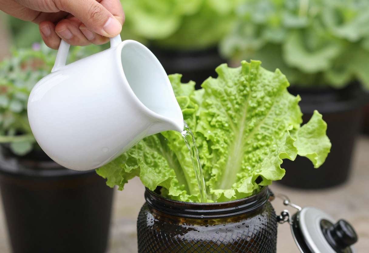 A hand pouring water into an opaque jar holding a growing lettuce plant