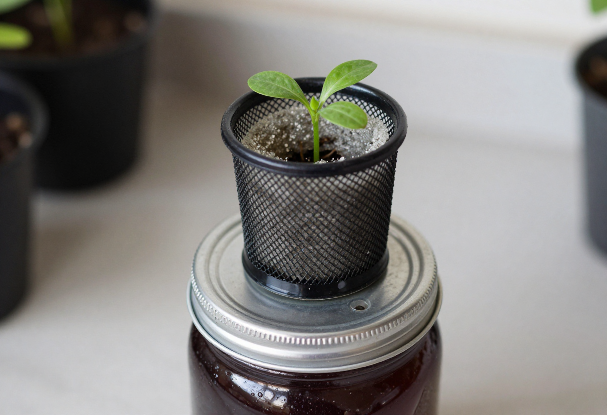 A mason jar wrapped in dark paper with a net cup and a young seedling seated in the lid