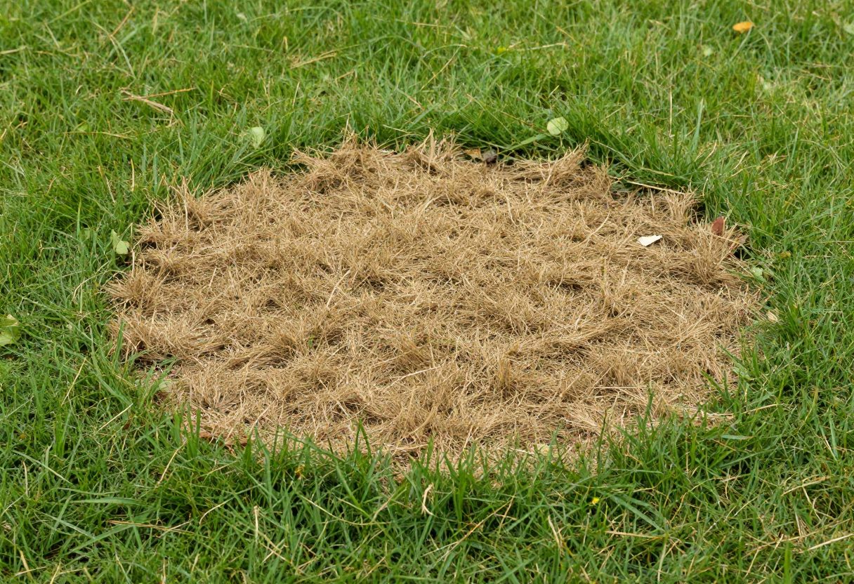 An irregular round brown dead patch in an otherwise green lawn with dry straw-colored grass