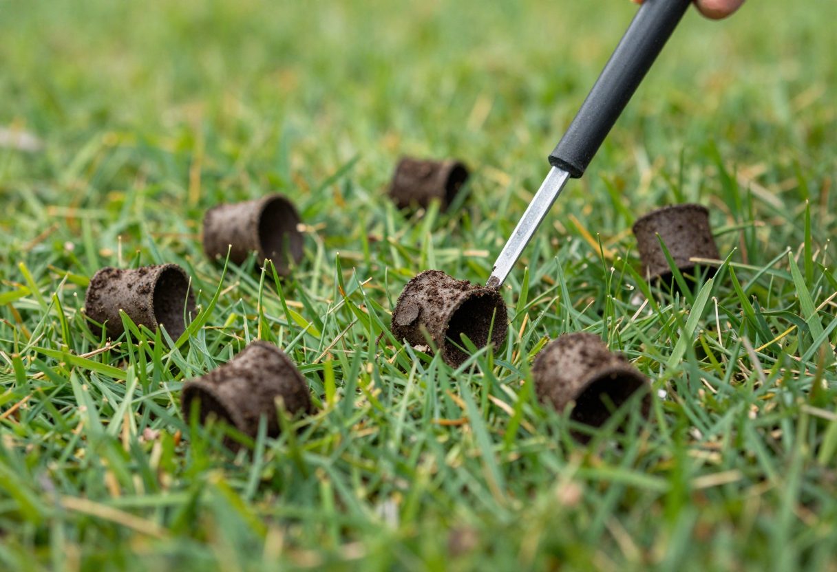 Small cylindrical soil plugs pulled out by core aeration lying scattered on a green lawn