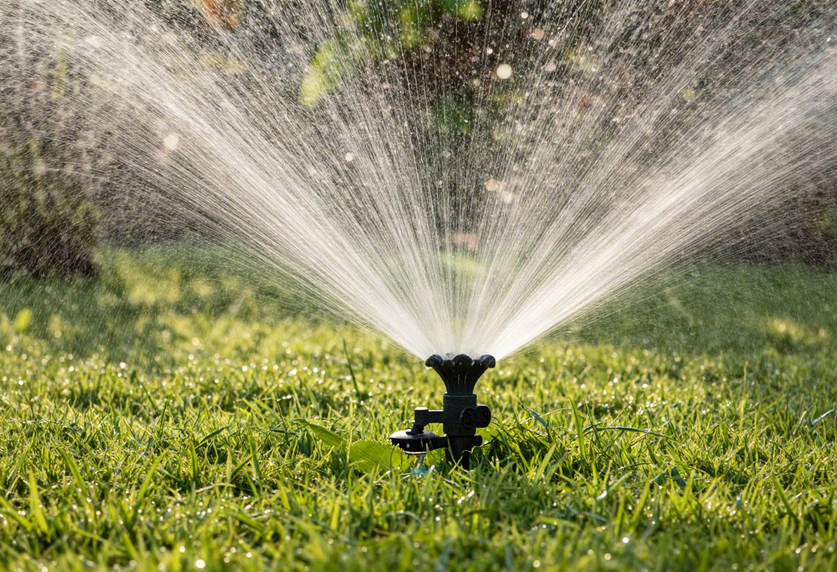 A lawn sprinkler spraying water over a green lawn at sunrise with dew and soft golden light