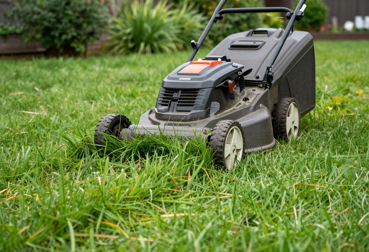 A push lawn mower cutting a thick green lawn at a high setting with freshly cut grass blades in the foreground