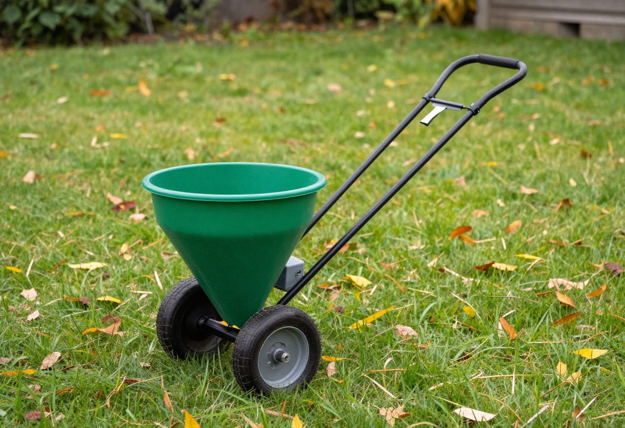 A green wheeled broadcast seed spreader with a push handle standing on a thin lawn scattered with autumn leaves