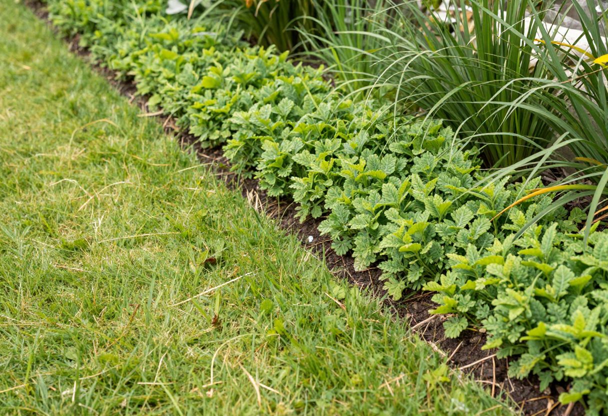 A section of lawn replaced with low groundcover plants along a garden edge