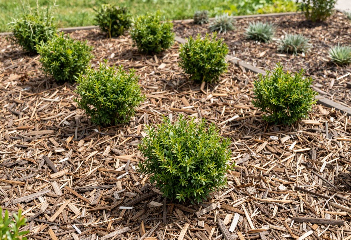 A well-mulched garden bed with a consistent layer of wood chip mulch around established plants