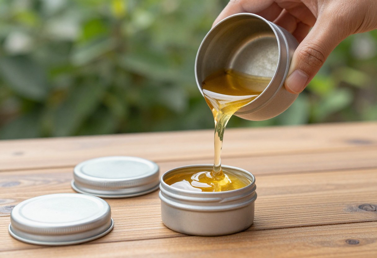 Golden herbal salve being poured from a double boiler into small round tins