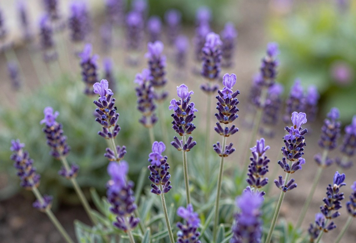Close-up of dense purple lavender flower spikes growing in a garden row