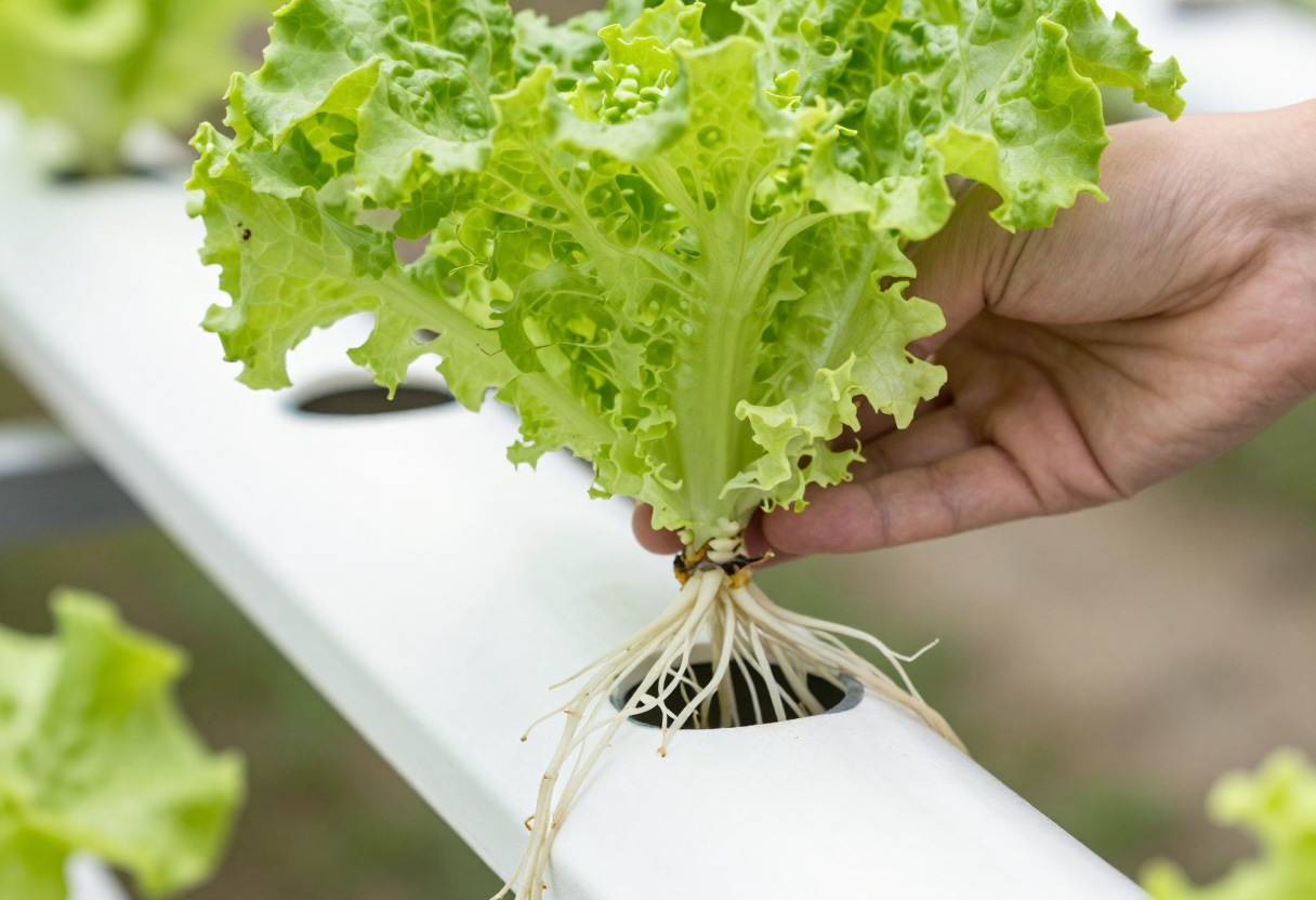 A hand lifting a lettuce plant out of an NFT channel showing a dense mat of white roots