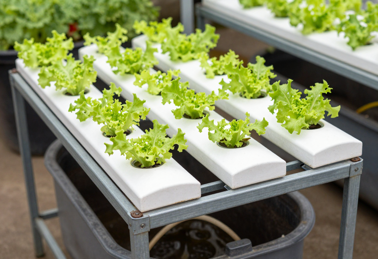 A small NFT hydroponic system with sloped white channels on a stand and a reservoir with tubing below