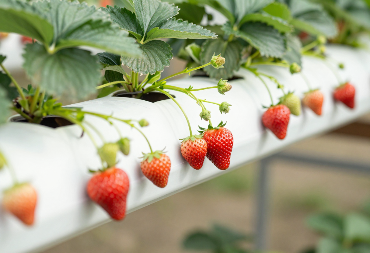 Ripe red strawberries growing on plants in a white NFT channel