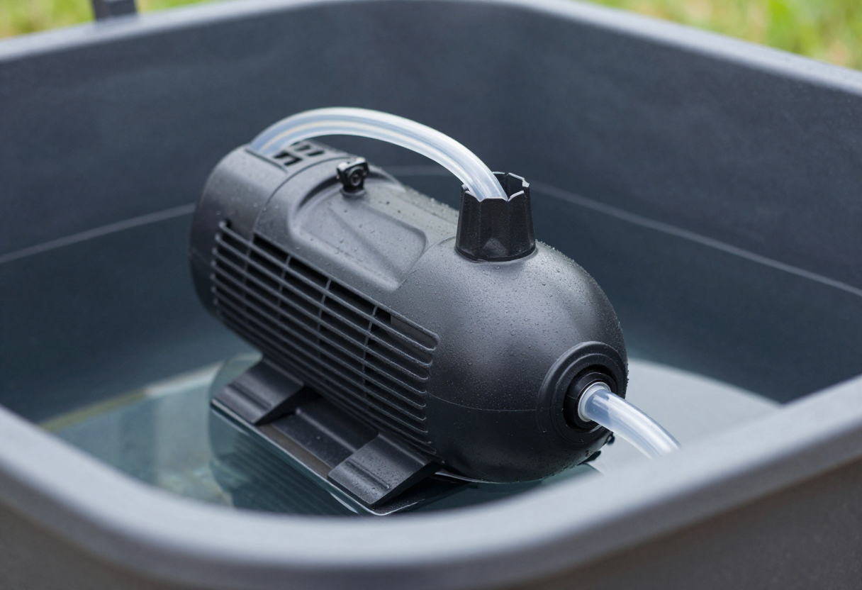 A small submersible pump with tubing inside a dark hydroponic reservoir