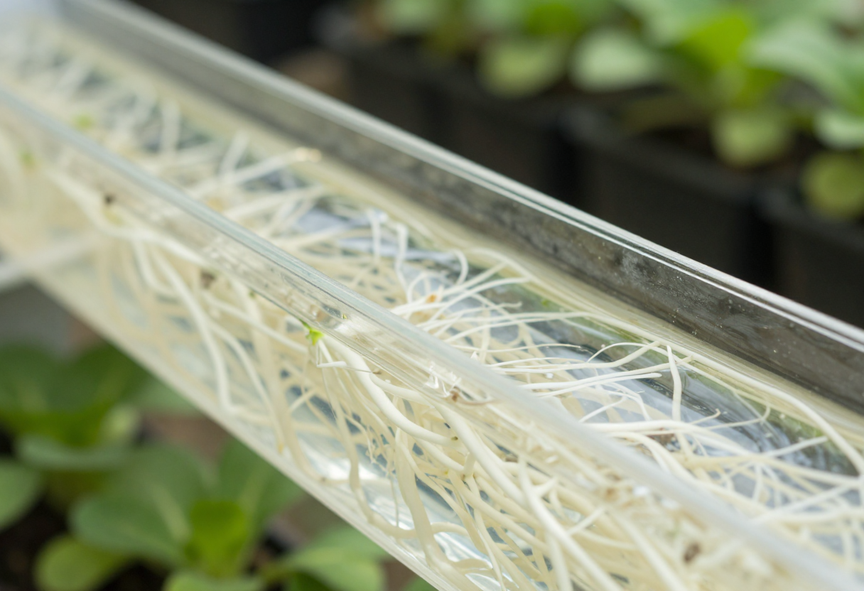 A thin film of water flowing along the bottom of a white channel past the white roots of lettuce plants
