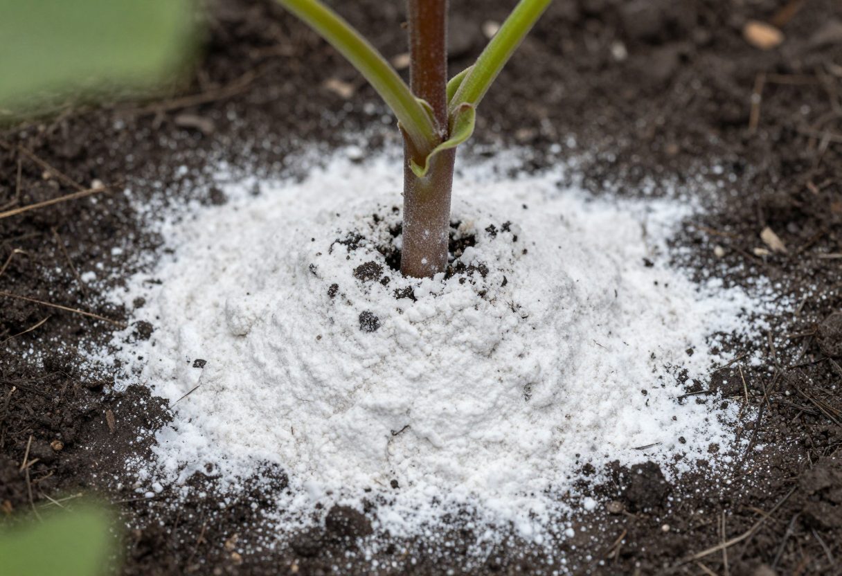 Fine white diatomaceous earth powder dusted around the base of a garden plant