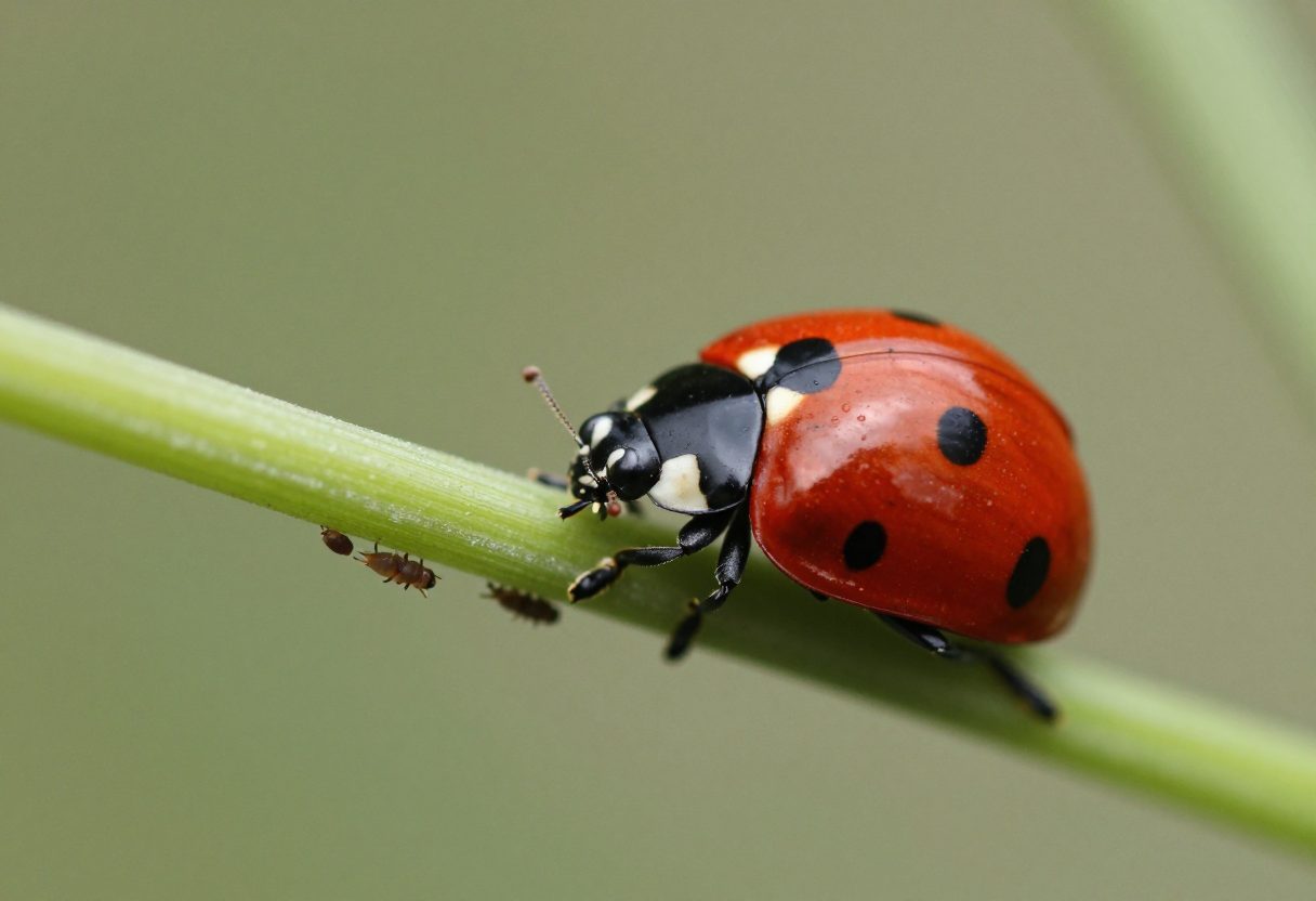 A ladybug feeding on a cluster of aphids on a garden plant stem