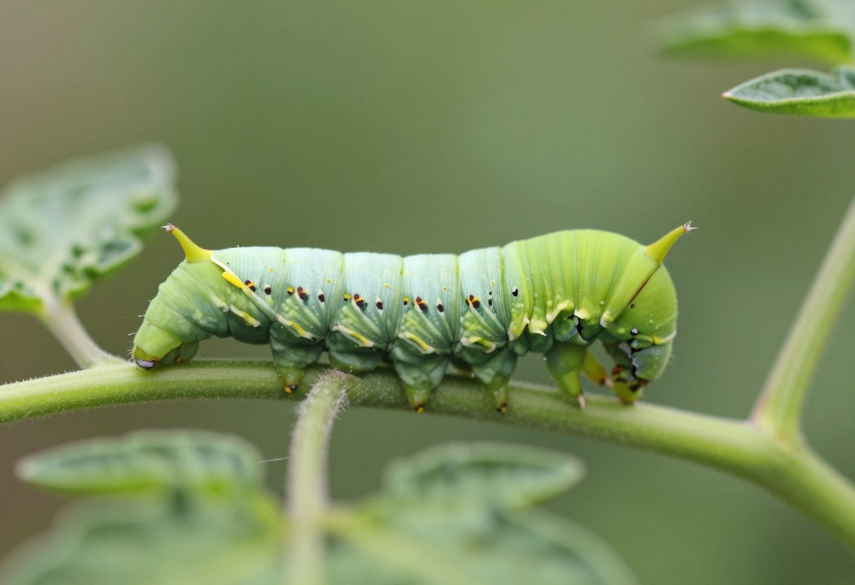A green tomato hornworm caterpillar on a tomato plant leaf
