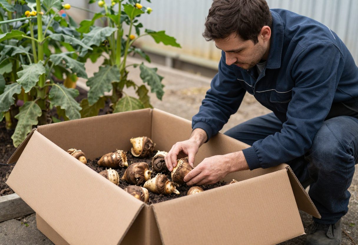 A gardener inspecting stored dahlia tubers in a labeled box during a mid-winter check