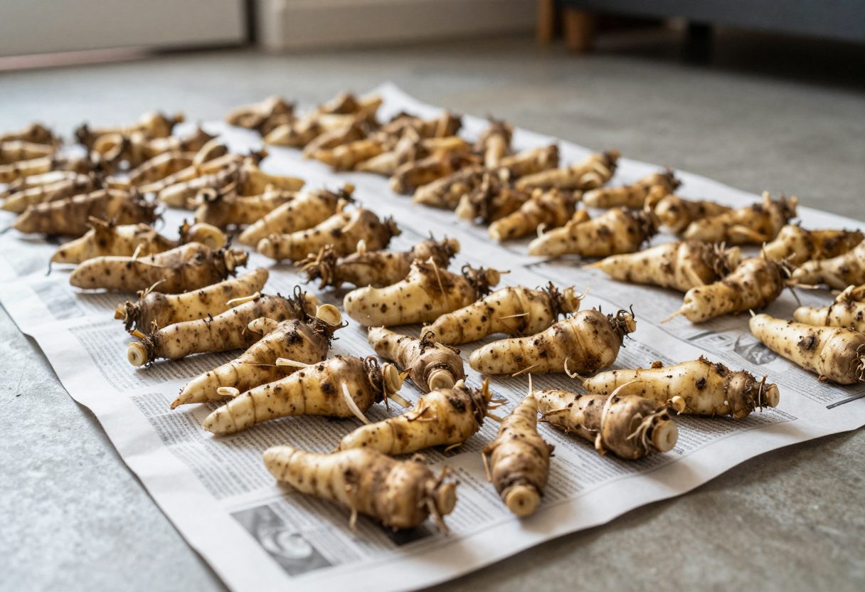 Dahlia tubers spread out on newspaper in a garage to cure before winter storage