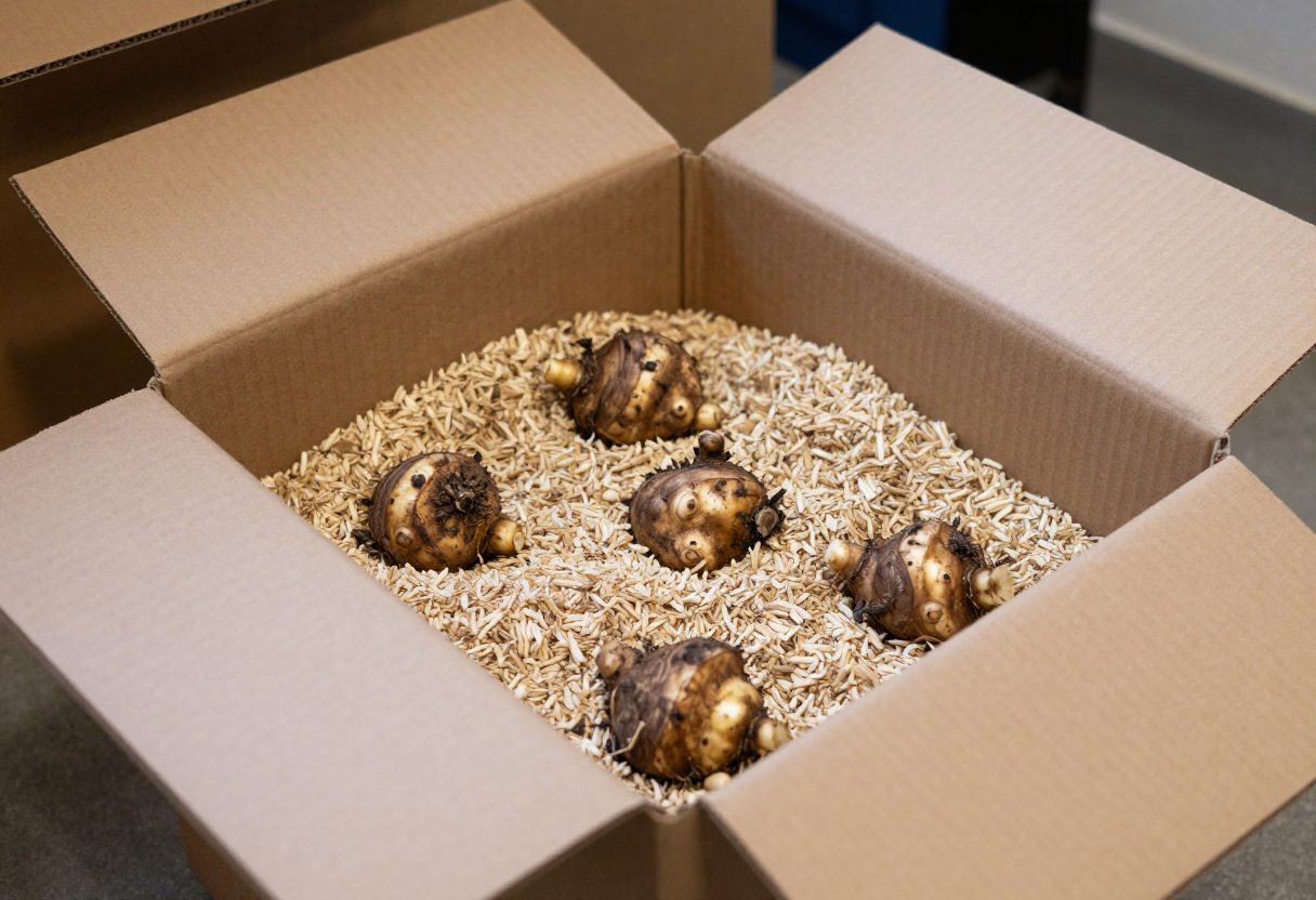 Cardboard storage boxes filled with vermiculite for overwintering dahlia and canna tubers in a cool basement