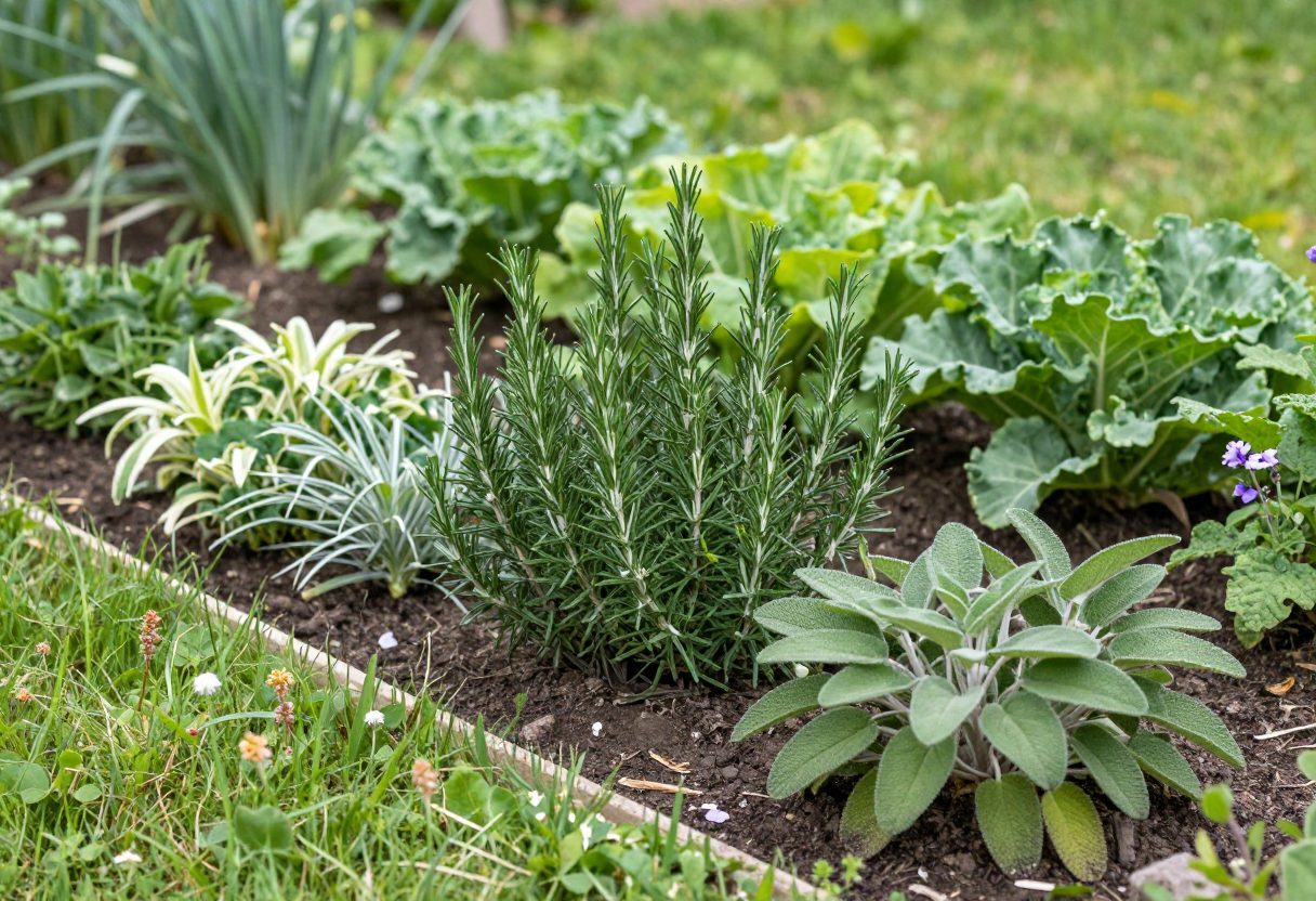 A mixed border of aromatic herbs and flowering plants along the perimeter of a vegetable garden