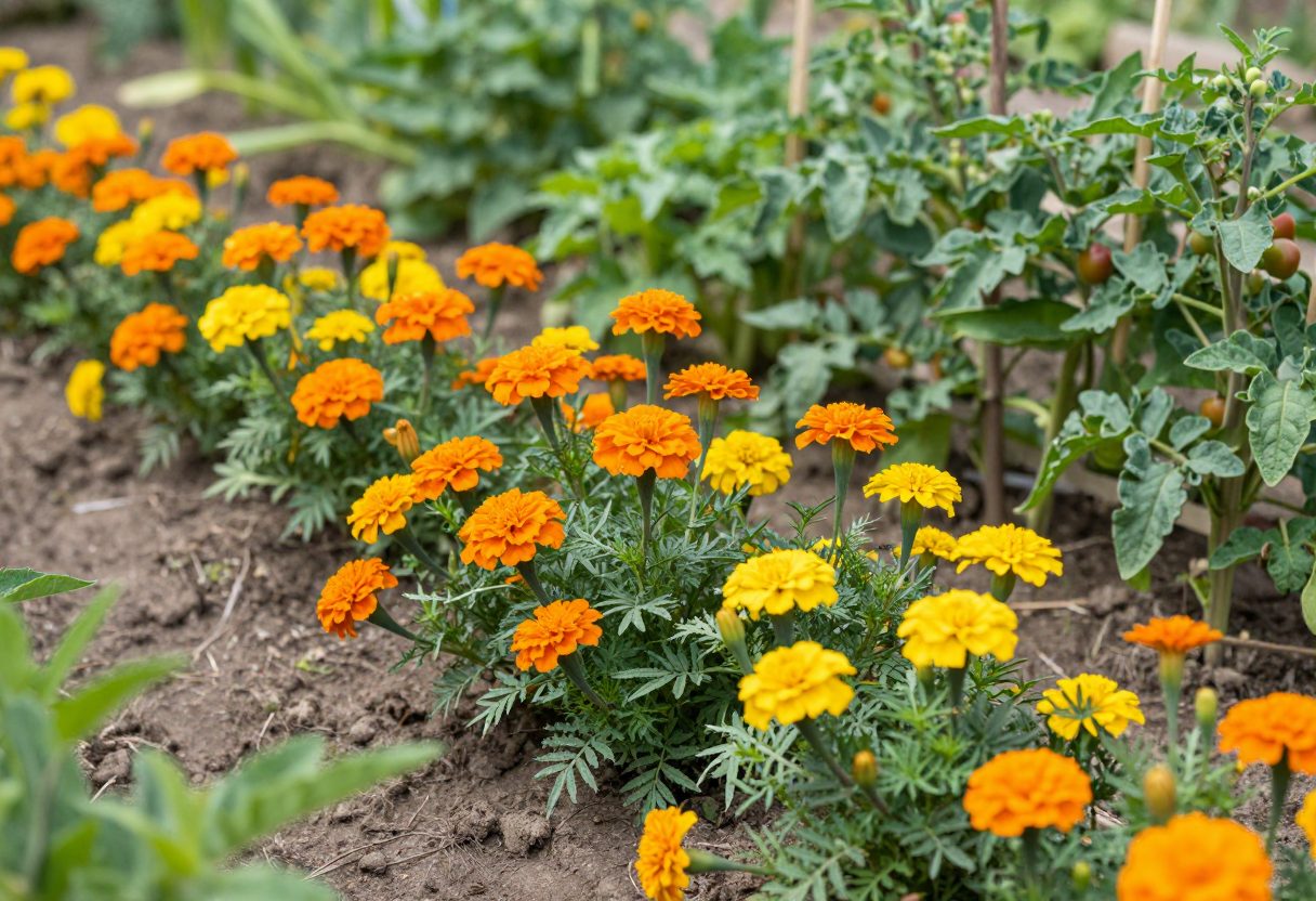 French marigolds interplanted throughout a vegetable garden bed