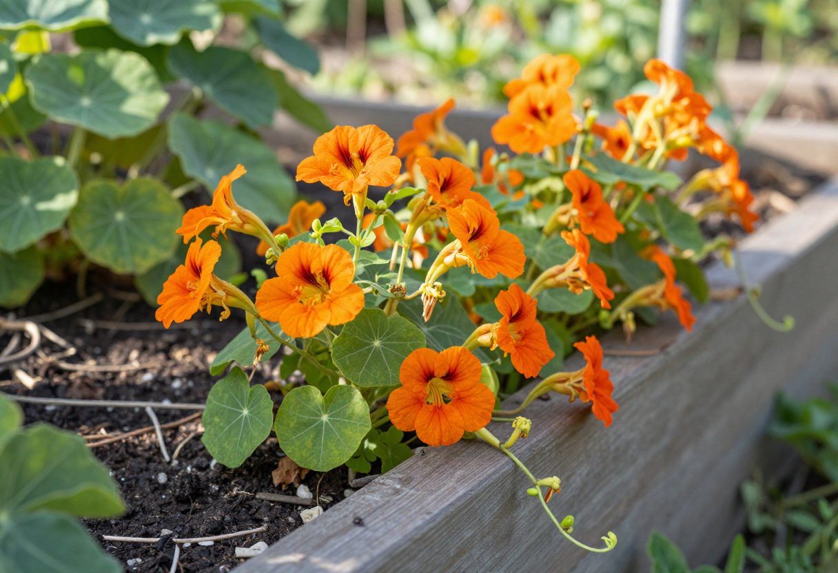 Bright orange nasturtium flowers planted as a trap crop along a garden bed edge
