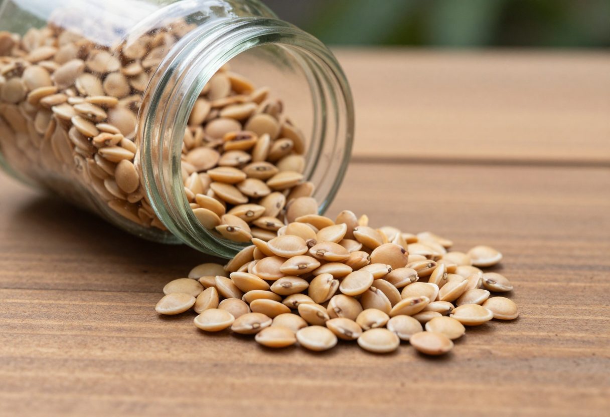 Dried heirloom bean seeds being collected into a labeled glass jar for storage