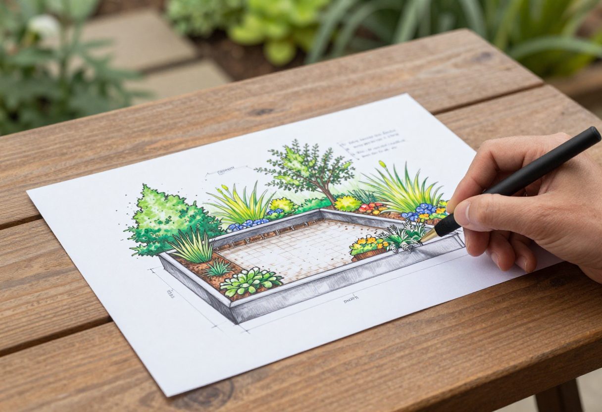 A hand-drawn garden bed layout map with notes for planning next years crop rotation
