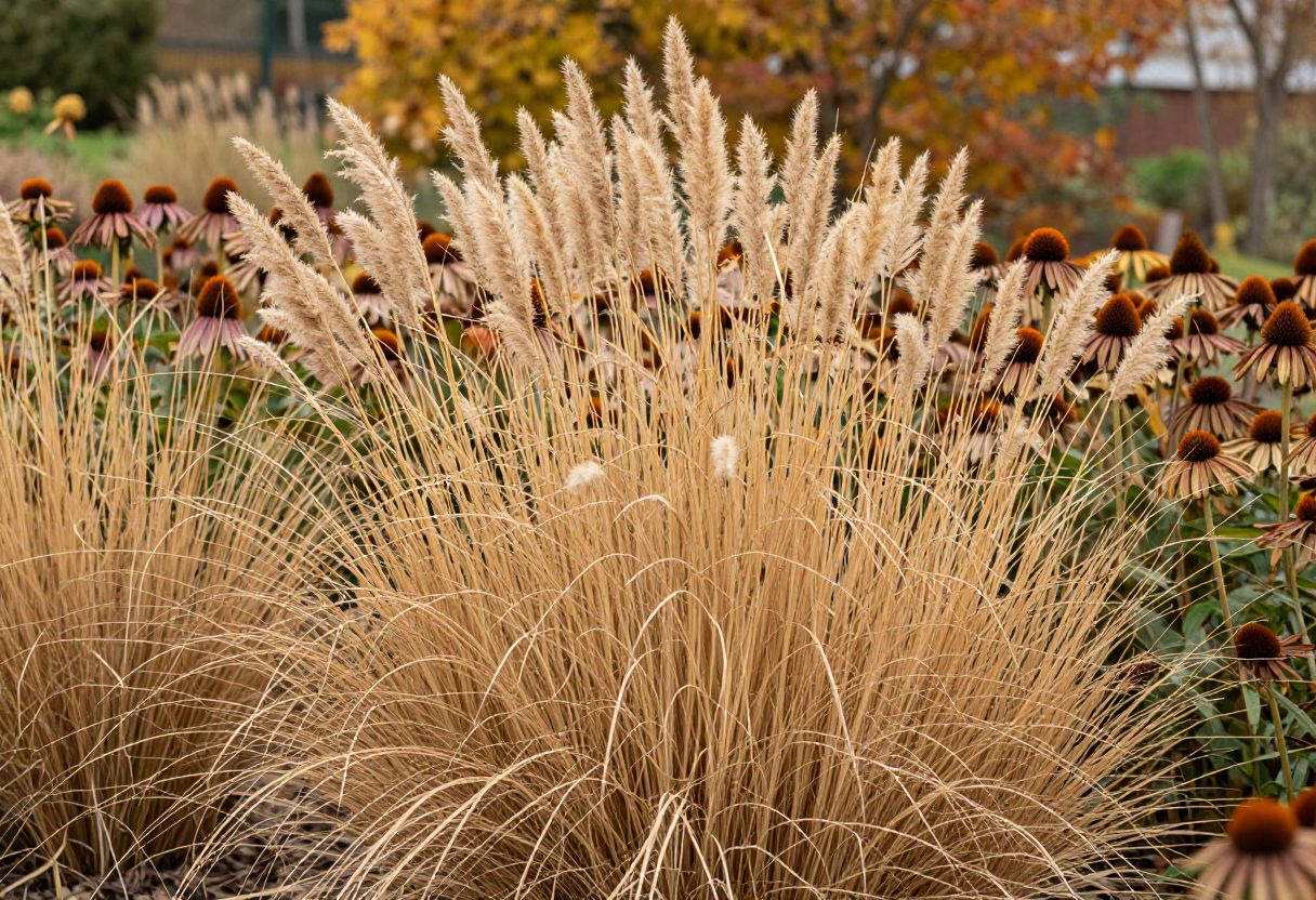 Dried ornamental grass and coneflower seed heads left standing in a fall garden bed