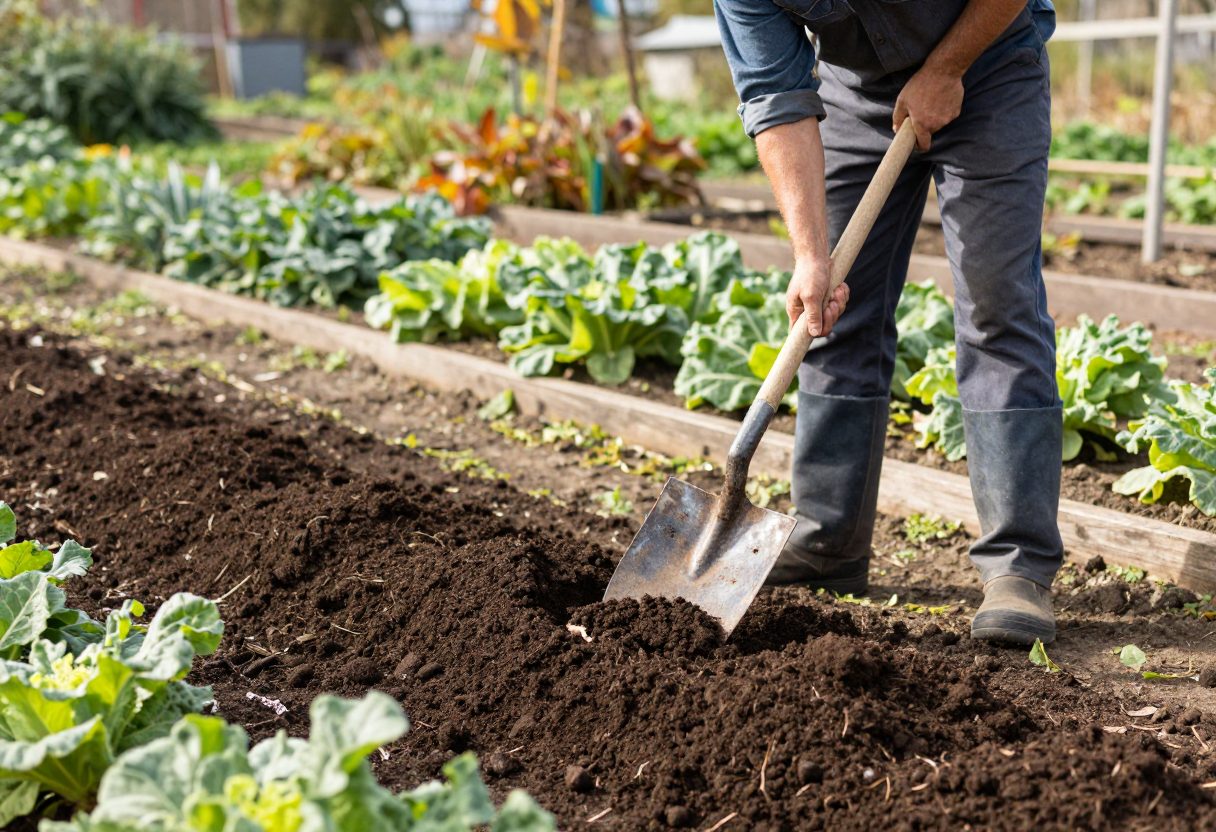 A gardener spreading finished compost across a cleared vegetable garden bed in fall
