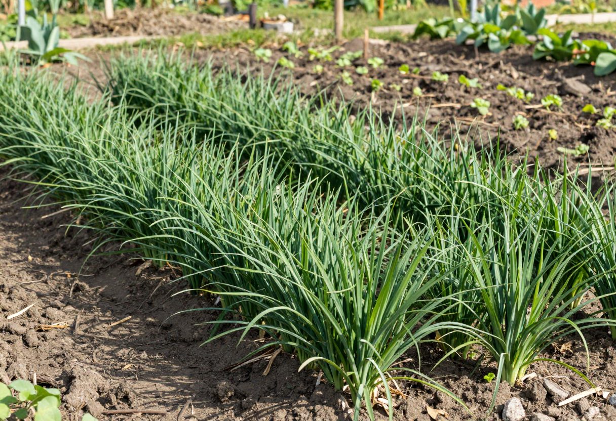 Winter rye cover crop growing green in a bare vegetable garden bed in late fall
