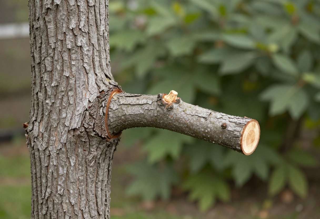A tree branch cut off partway from the trunk leaving a long stub beside the swollen branch collar
