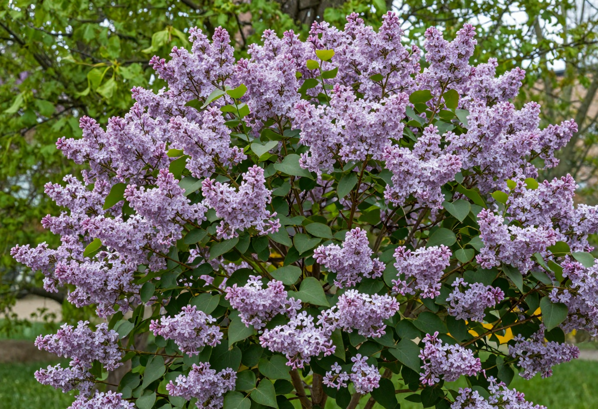 A lilac shrub covered in purple flower clusters in a spring garden