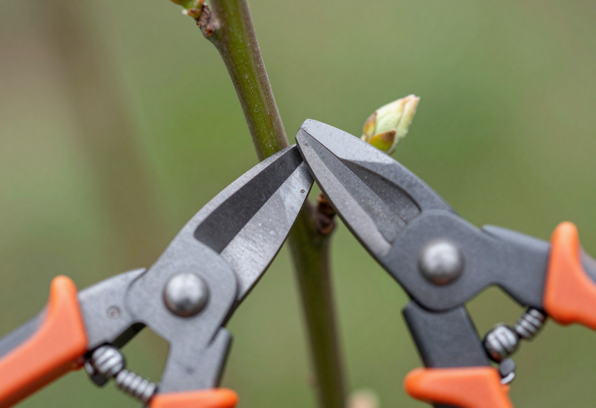 A pair of bypass pruners making a clean angled cut on a woody stem just above a small bud