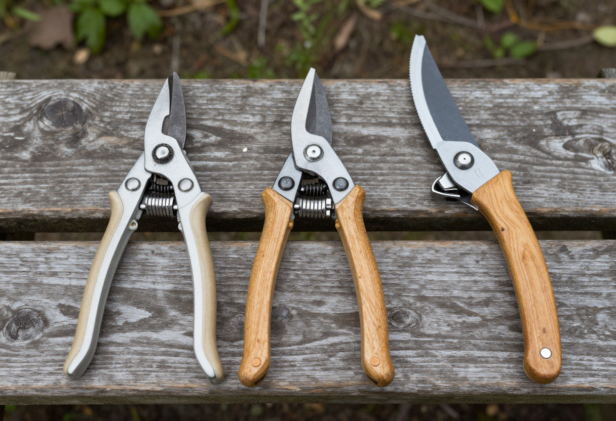 Two pairs of hand pruners and a pruning saw laid out side by side on a wooden bench
