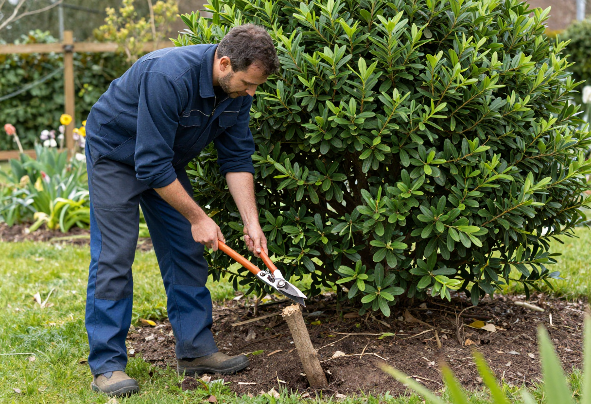 A gardener using loppers to cut an old thick stem to the ground at the base of an overgrown shrub