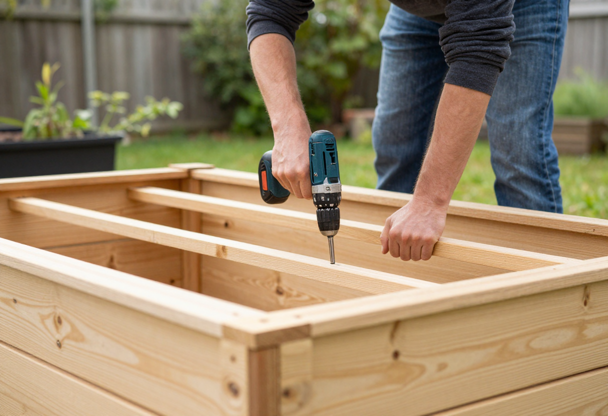 A gardener assembling a cedar raised bed frame with a drill in a backyard