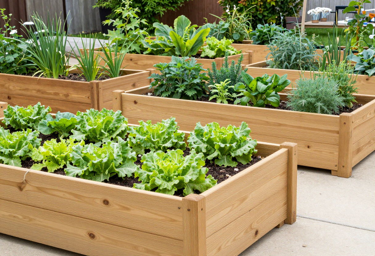 A row of cedar raised garden beds filled with thriving vegetable plants in a backyard