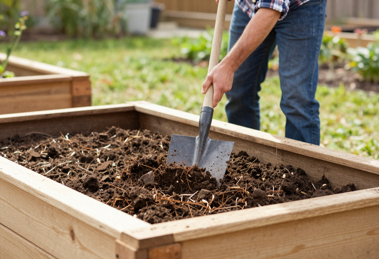 A gardener shoveling a soil and compost mix into an empty raised bed frame