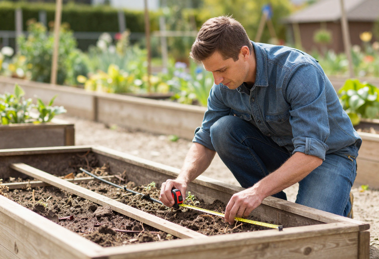 A gardener measuring the width of a raised garden bed frame with a tape measure