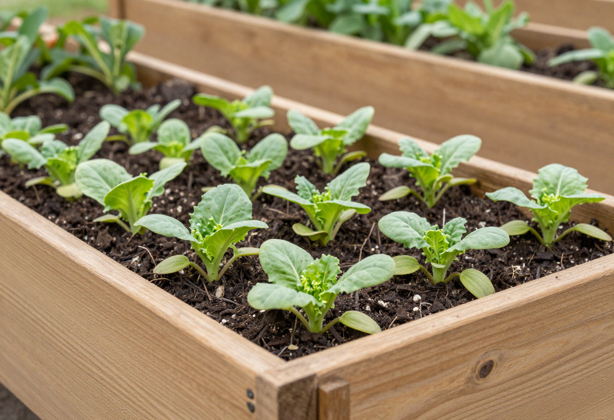 A newly built raised garden bed with young vegetable plants thriving in its first growing season