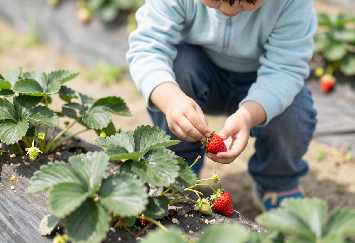 A child picking fresh strawberries in a garden bed