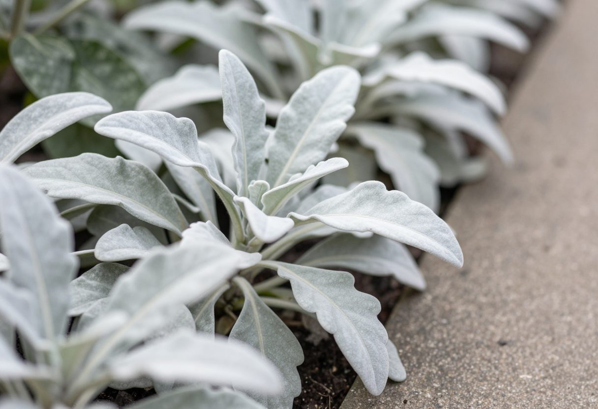 Close-up of soft velvety lambs ear leaves along a garden path edge